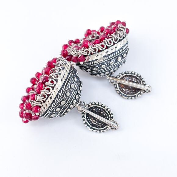 Vintage Silver Tone Red Glass Bead Indian Jhumka Earrings - Picture 5 of 7